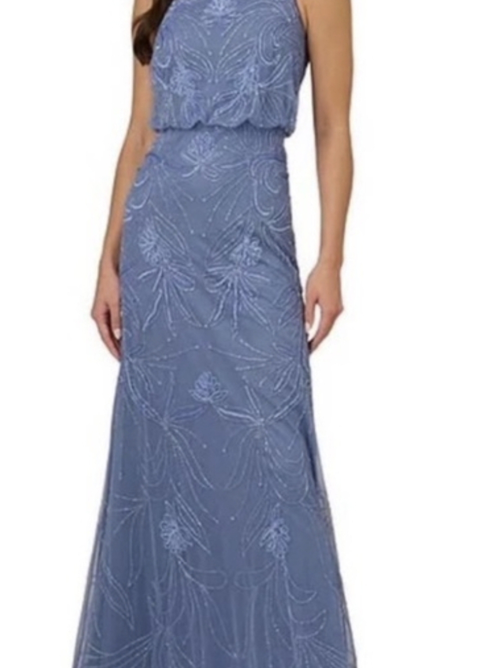 Adrianna Papell Dusty Blue Beaded Halter Maxi Dress